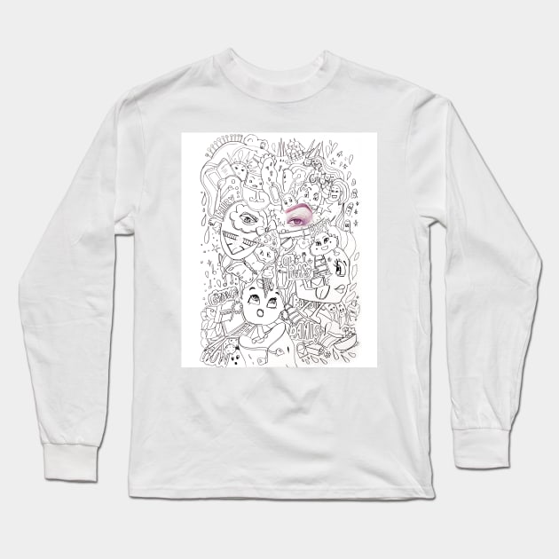 doodle art black and white minimal line art Long Sleeve T-Shirt by chandelier2137